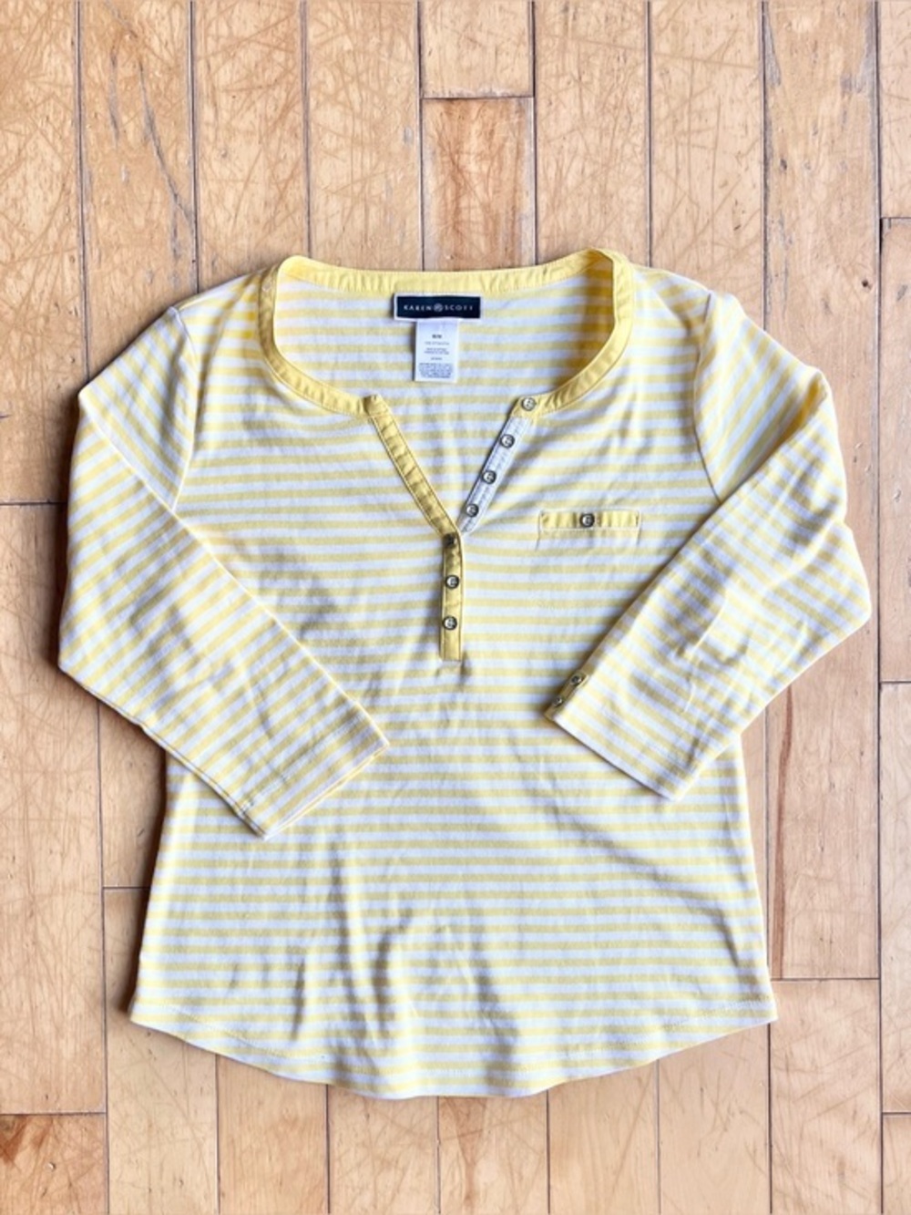 Karen Scott 100% Cotton Striped Henley Yellow & White Coastal Top Size Medium